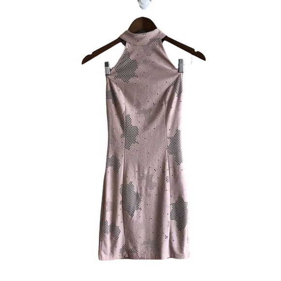 Mystic Vintage Mesh High Neck Fitted Bodycon Open Back Sleeveless Mini Dress Tan - Picture 14 of 14